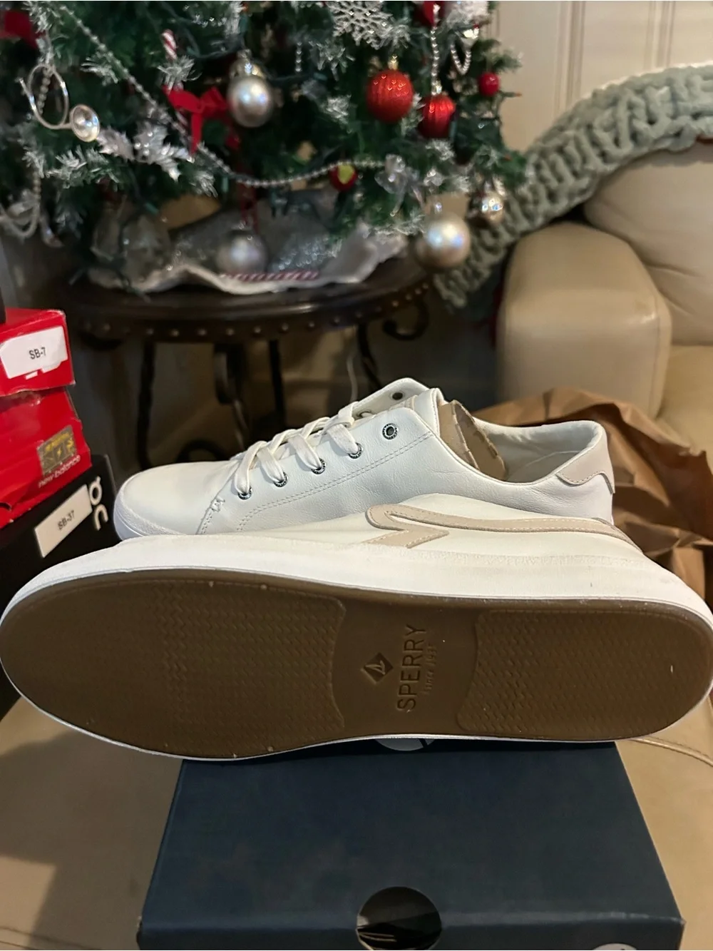 White Women's Leather Lace-Up Sneakers with Beige Trim